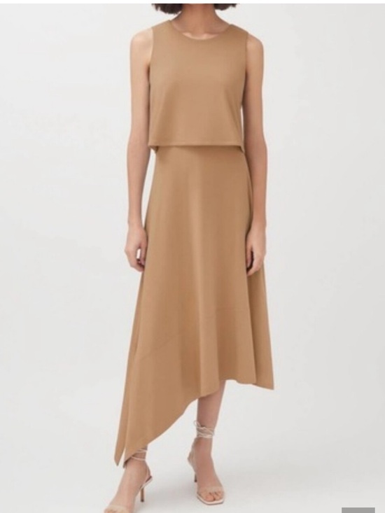 Cuyana Dresses & Skirts - Cuyana Asymmetrical Overlay Dress Tie Back Organic Pima Cotton Camel Tan Size M